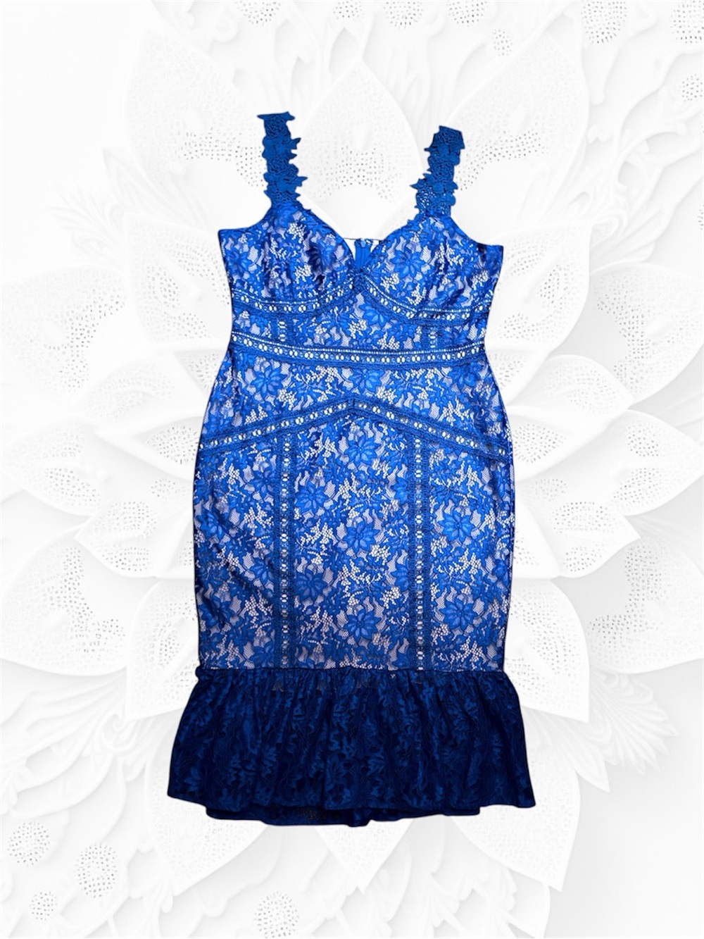 VENUS Royal Blue Floral Lace Midi Trumpet Hem Cocktail Dress XL